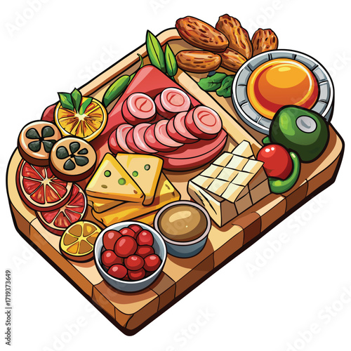Cartoon wooden charcuterie board showcases fruit, sausages, cheese, dates, olives and dipping sauce