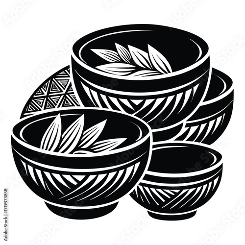 Several monochrome stylized bowls show artistic tribal patterns and internal foliate elements arranged on a white backdrop