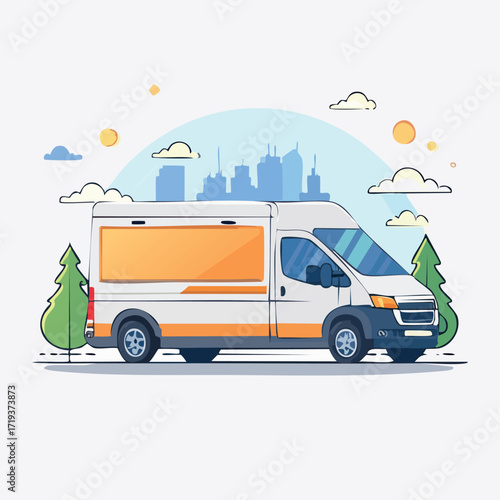 Delivery Van Illustration Modern Vehicle Transporting Goods in Urban Setting, Flat Design
