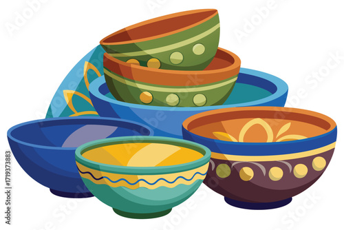 Stacked colorful bowls show handcrafted style, presenting various patterns against a white backdrop