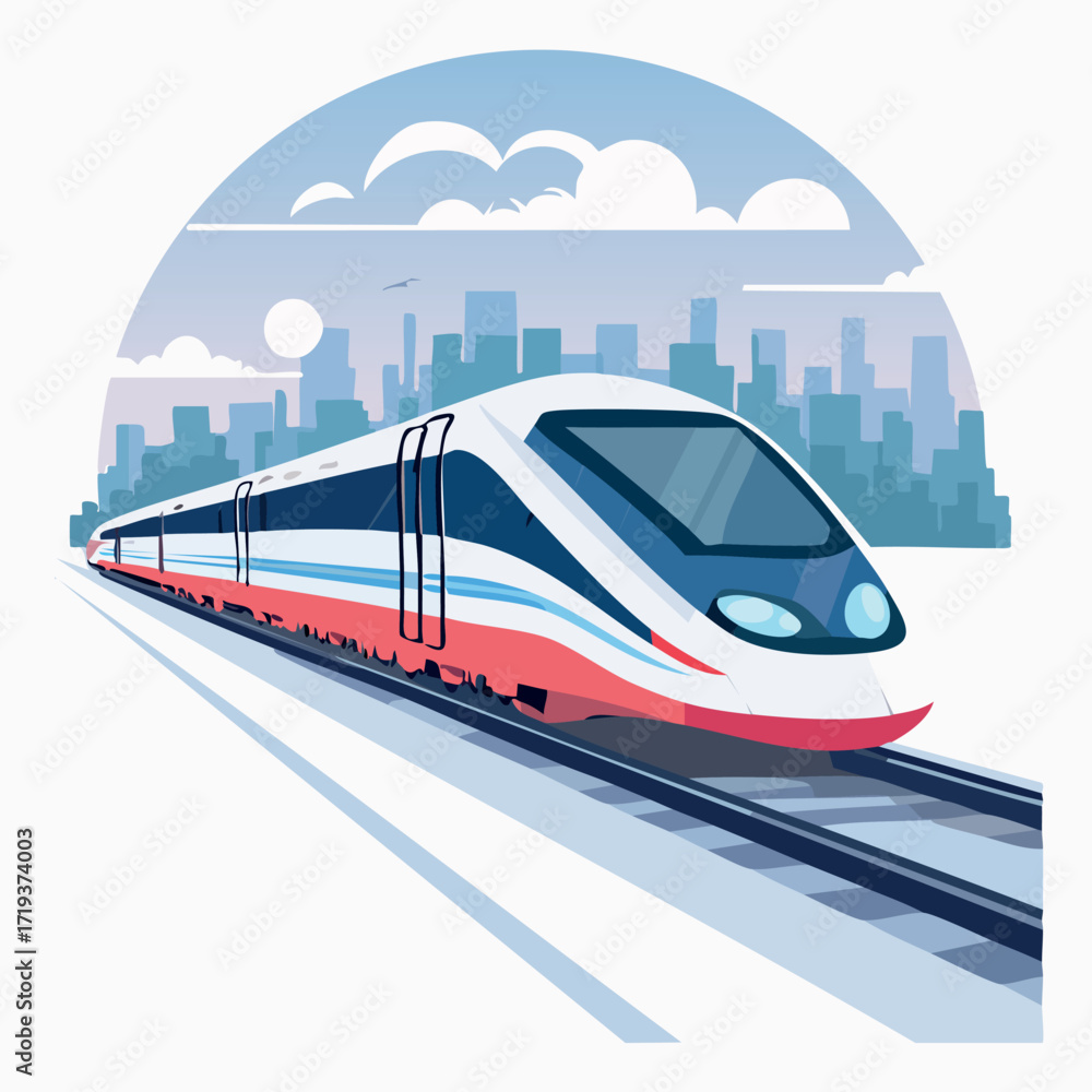 Naklejka premium High-Speed Train Travel Modern Passenger Transportation Across Urban Cityscapes