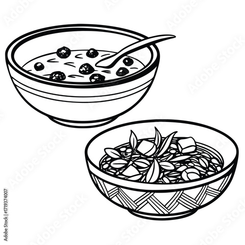 Line drawing shows two bowls filled with different foods in black and white