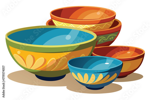 Stacked bowls with various geometric and floral patterns create a bright and colorful still life