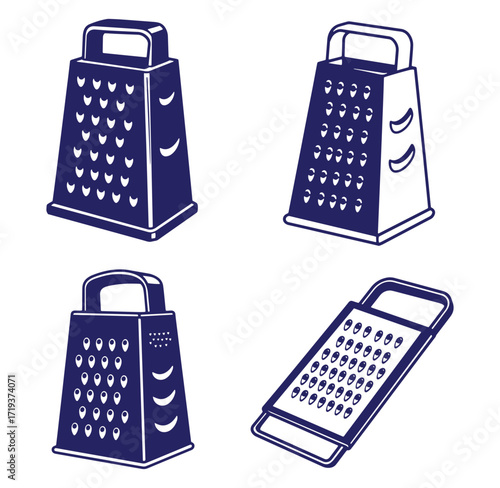 Collection of four distinct graters in bold blue and white minimalist vector style