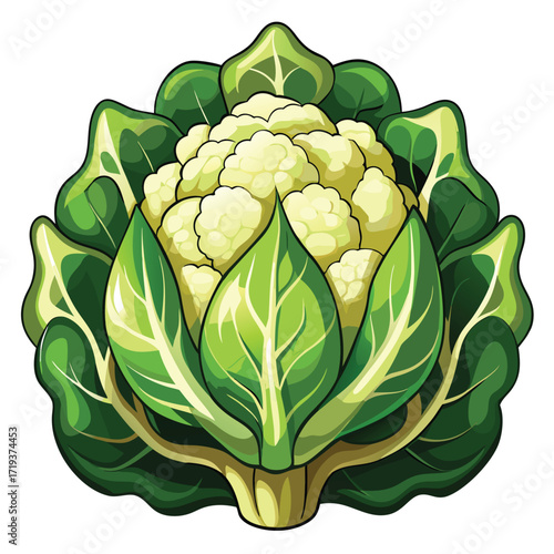 Fresh cauliflower head prominently features ruffled green leaves in a detailed vegetable drawing