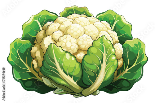 Beautiful cartoonish cauliflower head with green leaves looks vibrant and fresh, isolated on white