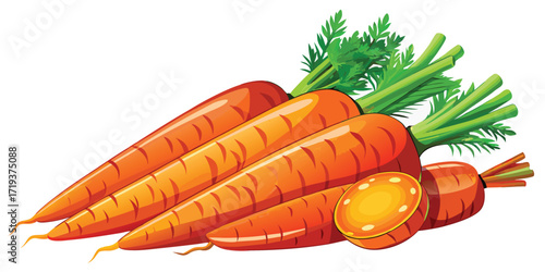 Fresh, vibrant orange carrots with green tops and a sliced carrot are shown