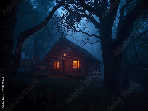 Mysterious cabin glows warmly in a dark foggy forest at night