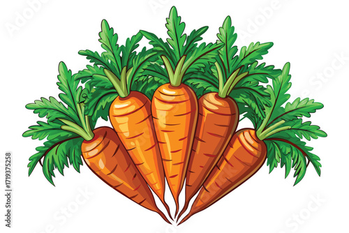 Cartoon carrots with vibrant green foliage create a healthy food vegetable arrangement