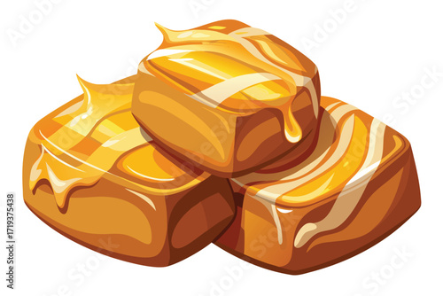 Stacked caramel candies glisten with a creamy glaze, showcasing their sweetness and tempting texture