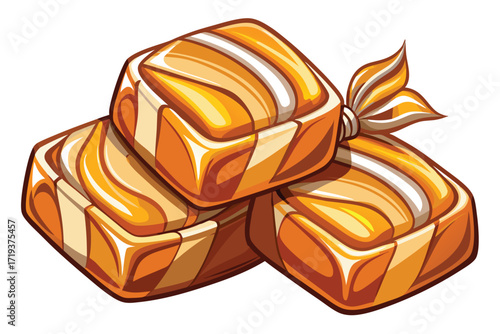 Three yellow square candies are stacked, and one is individually wrapped in paper