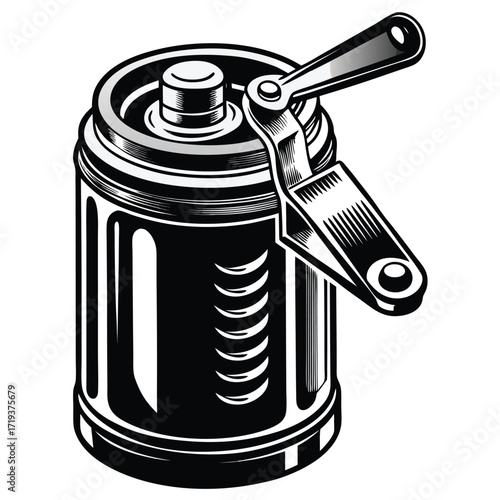 Black and white battery shows detailed vintage hand crank design for power
