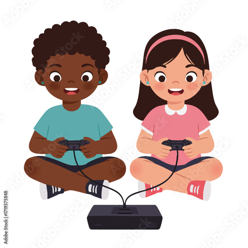 A vibrant 2D flat vector shows two diverse children, a boy and a girl, sitting on the floor, focused on playing a multiplayer video game with controllers.