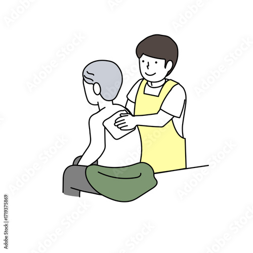 介護：体を拭く介助高齢者