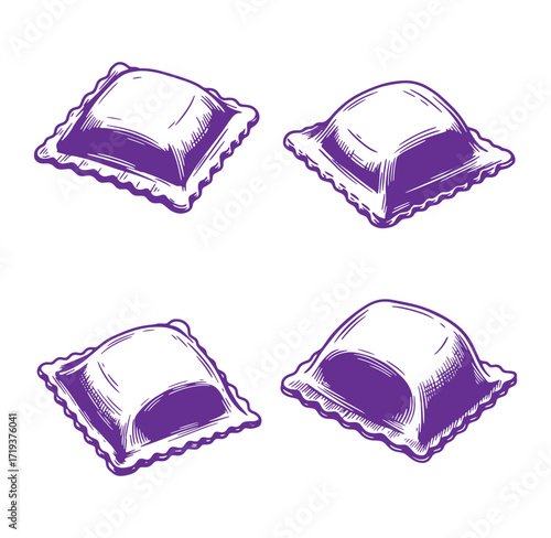 Detailed hand drawn illustration of four purple ravioli pasta shapes isolated on white