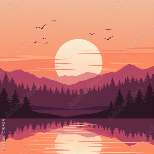 Stunning vector illustration of a serene mountain lake at sunset, featuring a vibrant sky, distant peaks, and a calm forest reflection