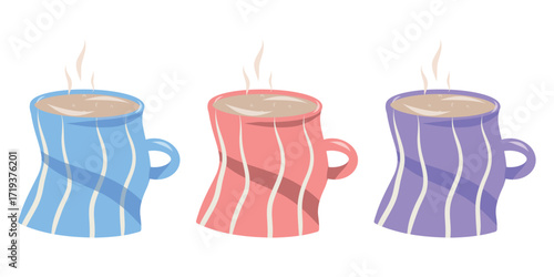 Mugs Set, Steaming Mug Set, Hot Drink Mugs. Red, Blue, Purple