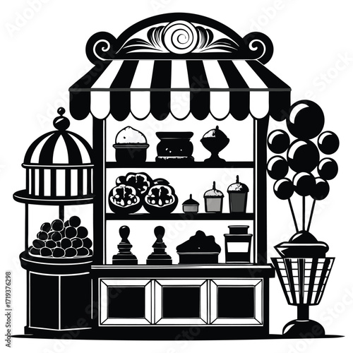 Ornate monochromatic sweets stand features various desserts displayed under a striped awning and decorative embellishments