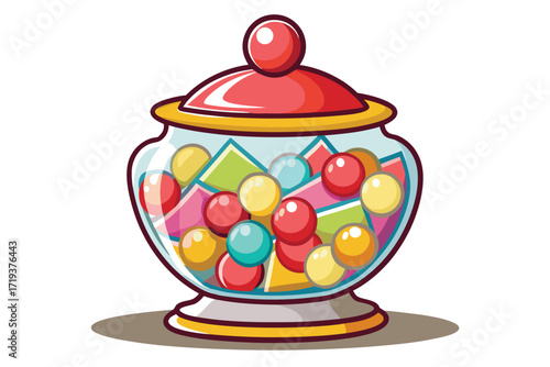 A glass jar filled with vibrant round candies and colorful squares sits isolated