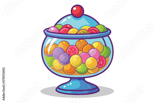 A blue candy jar, filled with colorful hard candies, showcases a sweet collection