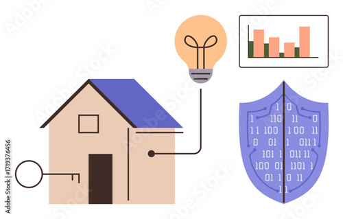 House connected to a key, light bulb, shield with binary code, and analytics chart. Ideal for innovation, safety, efficiency, smart home technology energy and data visualization themes. Simplistic