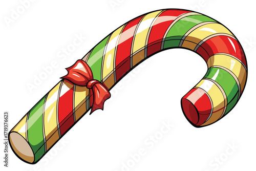 Brightly striped candy cane features a festive red bow, perfect for holiday themed designs
