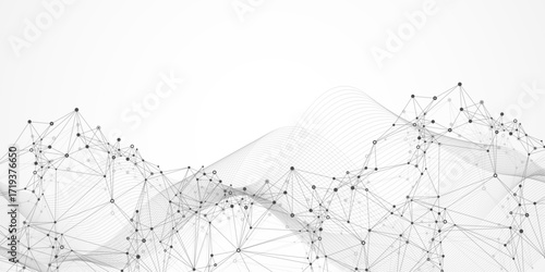 Abstract tech network connection dots. Digital technology and big data analysis background. White background with plexus lines. Geometric background with abstract mesh