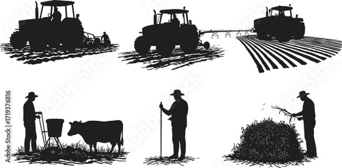 Silhouette vector illustration of farmers driving tractors, planting crops, feeding cattle, inspecting fields, and harvesting produce in traditional rural agriculture.