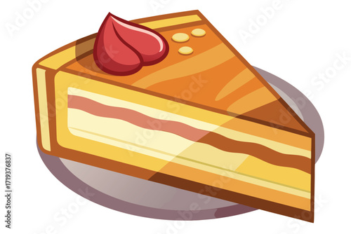 Delicious cartoon cake slice garnished with a red fruit on a grey plate