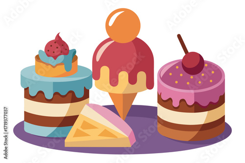 Assorted cakes and sweet treats showcase different topping designs on a violet serving plate