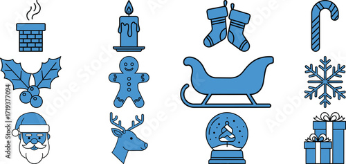 A collection of blue Christmas-themed icons including Santa, a reindeer, a sleigh, and gifts on a white background.
