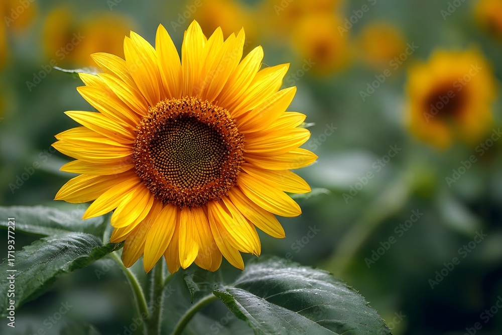 Fototapeta premium Yellow sunflower radiates warmth and calm glowing softly amid lush green serenity.