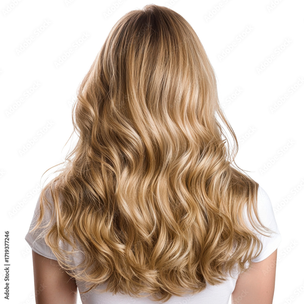Naklejka premium Long, Wavy Blonde Hair Flowing Down Back of Woman in Casual White Shirt Against Bright Background transparent background