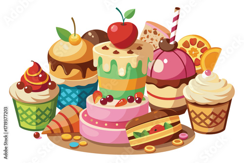 Assorted vibrant pastries showcase an array of sweet treats, including cake, cupcake, and sweets