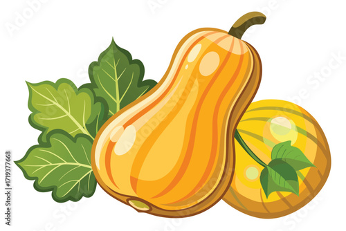 Two types of pumpkins lie beside green leaves in an attractive autumn display