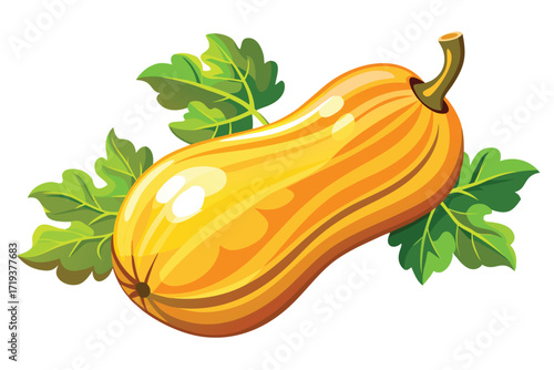A bright golden butternut squash rests atop vibrant green foliage in a colorful scene