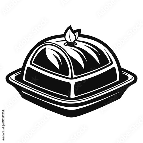 Black and white emblem displays covered cake on a plate with leaves detail