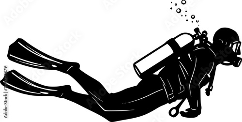 black and white silhouette of a scuba diving vector on a white background
