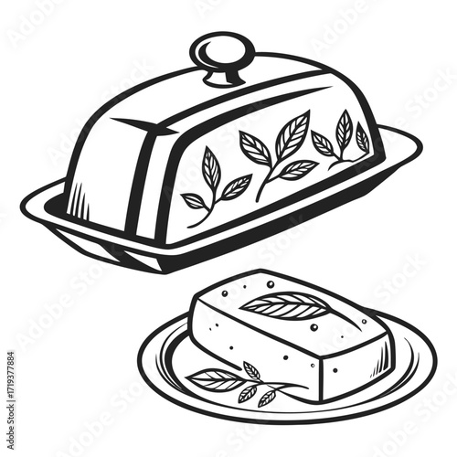 Elegant butter dish and block are decorated with leaf outlines on white background