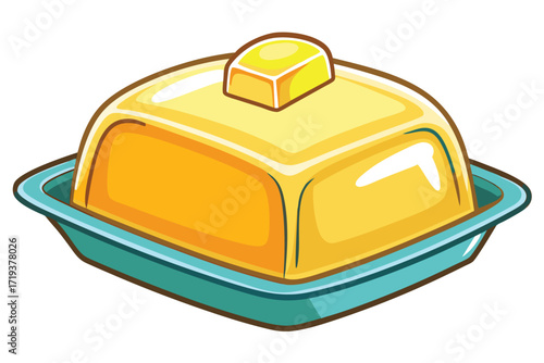 illustration showing a yellow butter dish and a cube of butter on it