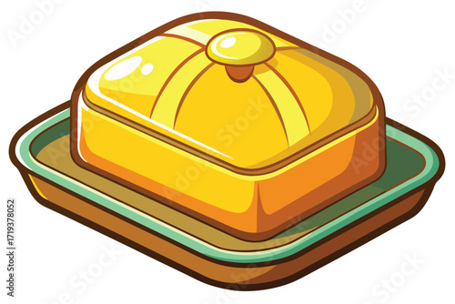 Stylish butter dish has a glossy yellow lid and a contrasting turquoise trim