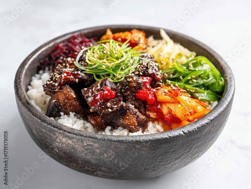 Bulgogi bibimbap: korean rice bowl with beef and vegetables
