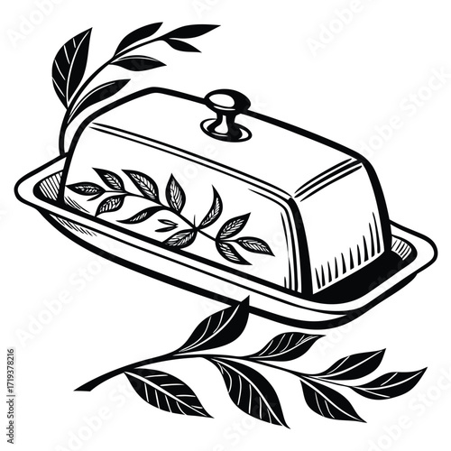 Elegant monochrome butter dish with botanical leaf accents displayed against a plain background