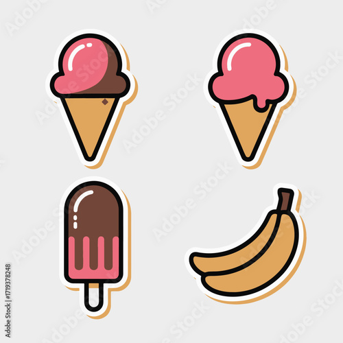 Four sweet treats including ice cream cones, popsicle, and bananas fruit