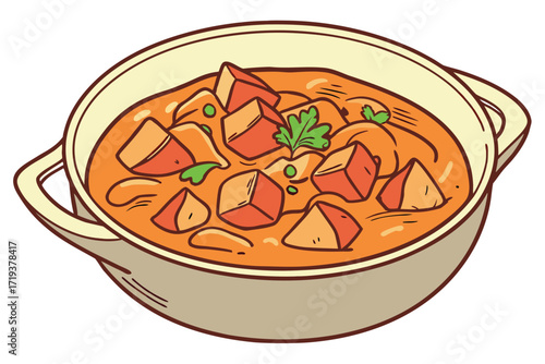 A dish filled with stew featuring cubed mangoes and green peas is being served