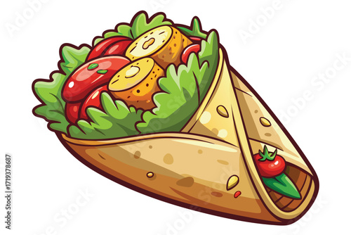 Delicious cartoon burrito filled with fresh vegetables and falafel is ready to be eaten