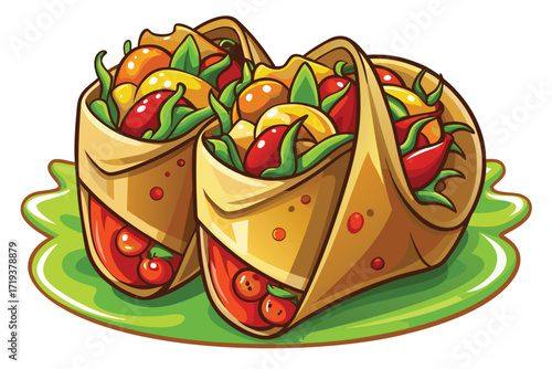 Two appetizing burritos overflowing with vegetables, resting beautifully on a bright green plate, look absolutely delicious