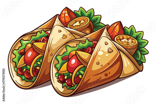 Two delicious burritos stuffed with fresh vegetables, almonds, and herbs are artistically presented together