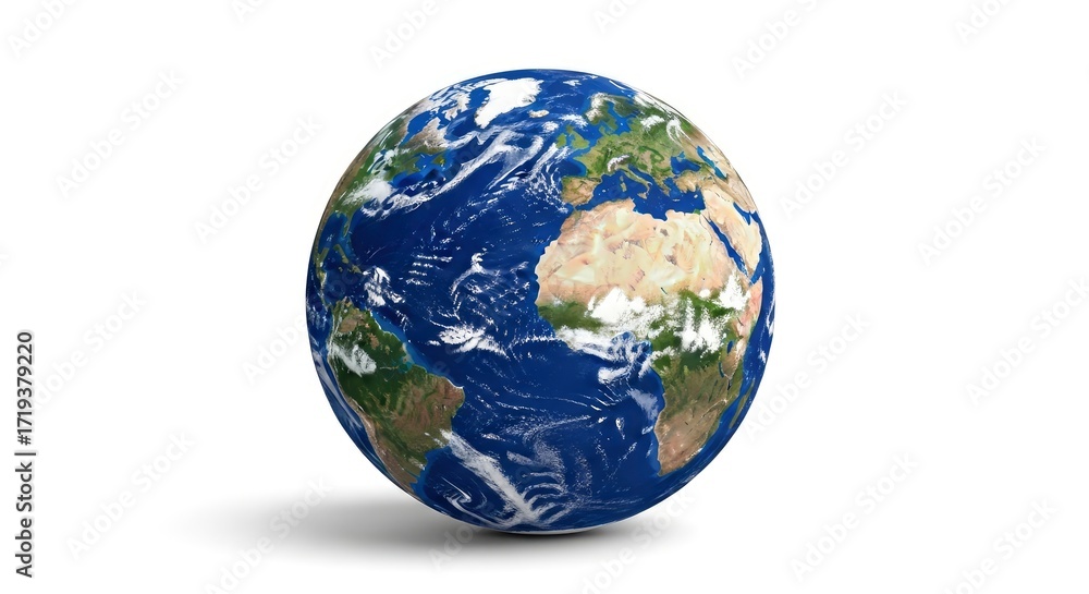 Fototapeta premium A spherical representation of Earth showcasing continents and oceans set against a plain white background with a soft shadow below