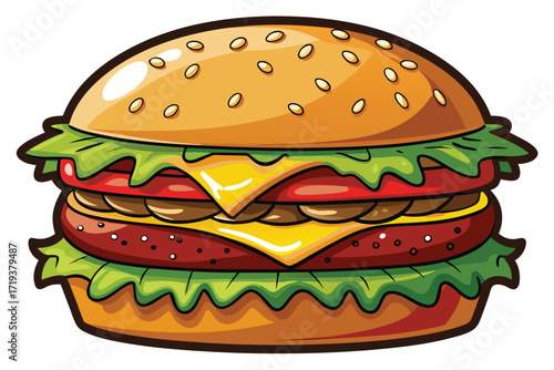 Cartoon burger stacks toppings including meat, cheese, lettuce, and tomato between sesame buns
